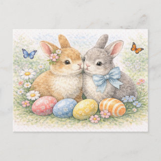 Cute Easter Bunny Couple Watercolor Postcard
