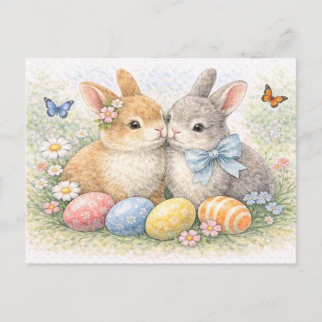 Cute Easter Bunny Couple Watercolor Postcard (Front)