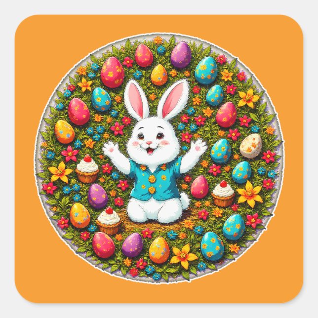 Cute Easter Bunny – Decorative Wreath Autocolante Square Sticker (Front)