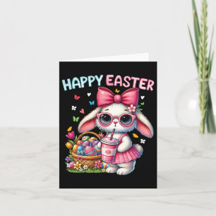 Cute Easter Bunny Drinking Ice Coffee Easter Bow W Card