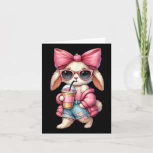 Cute Easter Bunny Drinking Ice Coffee Easter Bow W Card
