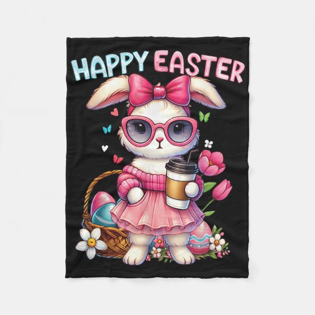 Cute Easter Bunny Drinking Ice Coffee Easter Bow W Fleece Blanket (Front)