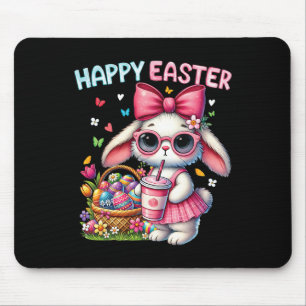 Cute Easter Bunny Drinking Ice Coffee Easter Bow W Mouse Pad
