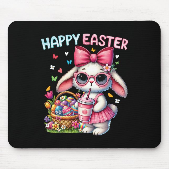 Cute Easter Bunny Drinking Ice Coffee Easter Bow W Mouse Pad (Front)