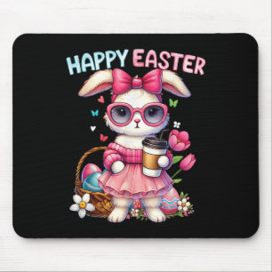 Cute Easter Bunny Drinking Ice Coffee Easter Bow W Mouse Pad