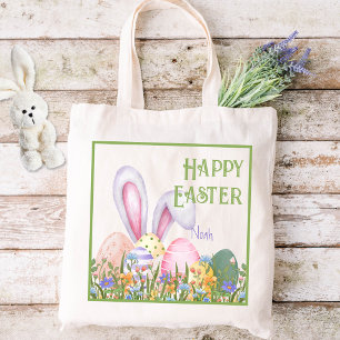Cute Easter Bunny Ears Watercolor Floral Kids Tote Bag