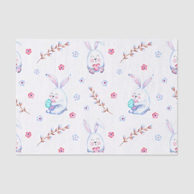 Cute Easter Bunny, Easter Eggs and Flowers Tissue Paper (Front)