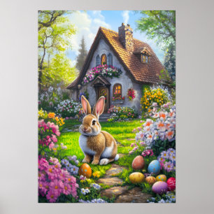 Cute Easter Bunny Egg Hunt Painting Poster