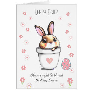 Cute Easter Bunny, Egg & Pink Flowers