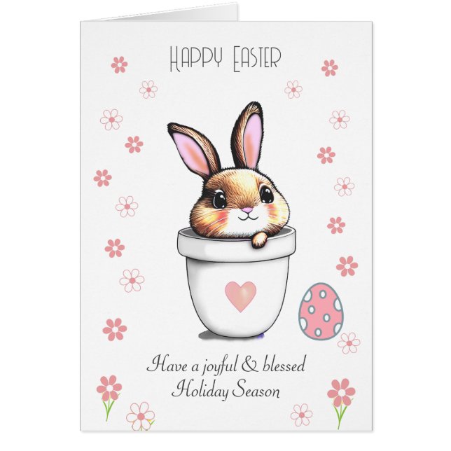 Cute Easter Bunny, Egg & Pink Flowers (Front)