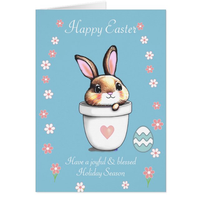 Cute Easter Bunny, Egg & Pink on Light Blue (Front)