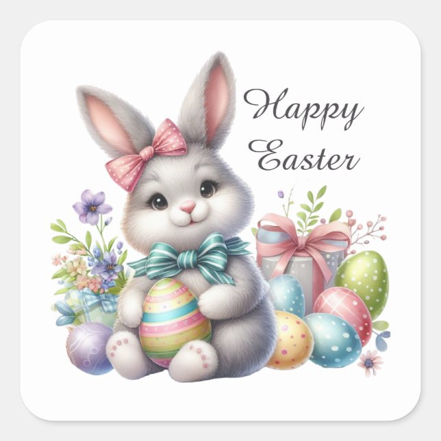 Cute Easter bunny eggs add text Square Sticker (Front)
