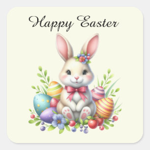 Cute Easter bunny eggs add text  Square Sticker