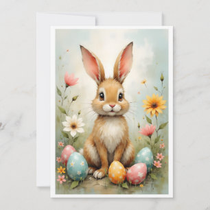 Cute Easter Bunny Eggs Flowers Flat Card