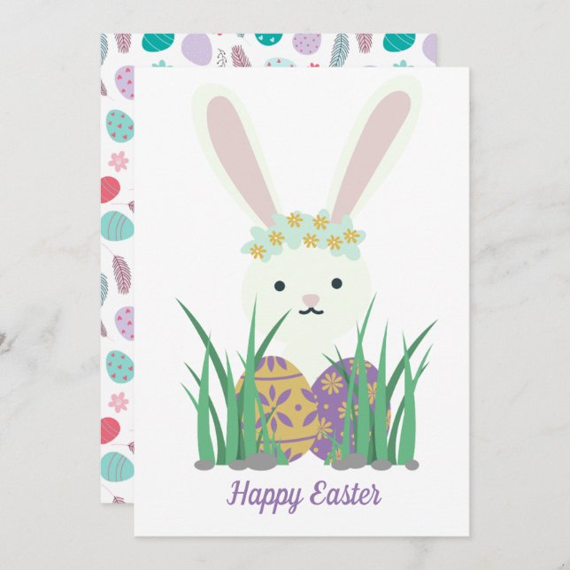 Cute Easter Bunny & Eggs Spring Holiday Card (Front/Back)