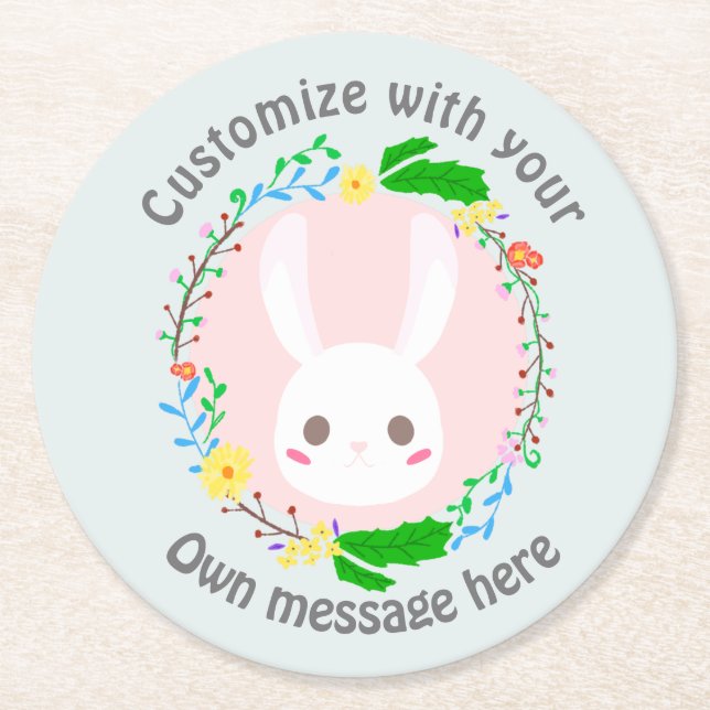 Cute Easter Bunny Face Flower Wreath Custom Round Paper Coaster (Front)