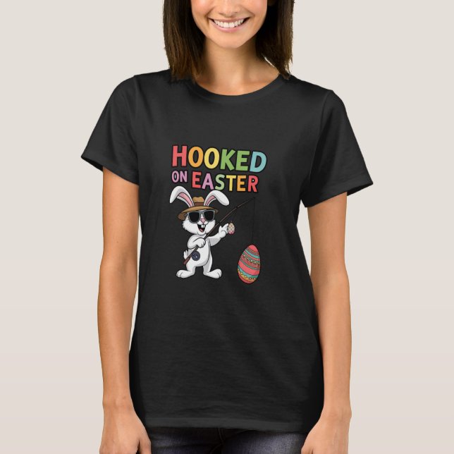 Cute Easter Bunny Fishing catching Eggs Fun Holida T-Shirt (Front)