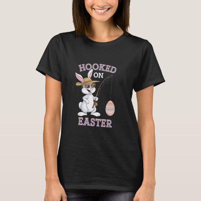 Cute Easter Bunny Fishing catching Eggs Fun Holida T-Shirt (Front)