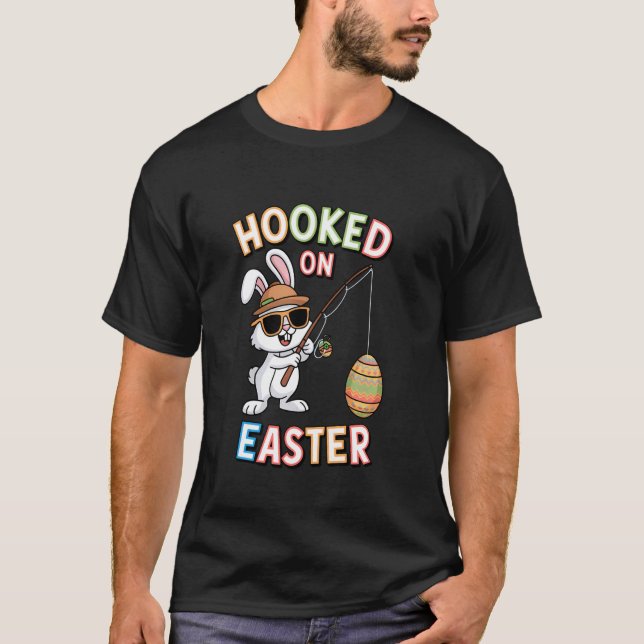 Cute Easter Bunny Fishing catching Eggs Fun Holida T-Shirt (Front)