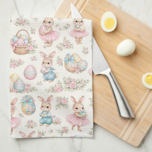 Cute Easter Bunny Floral Pattern - Pastel Spring  Tea Towel