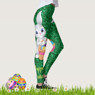 Cute Easter Bunny Green Faux Glitter Leggings