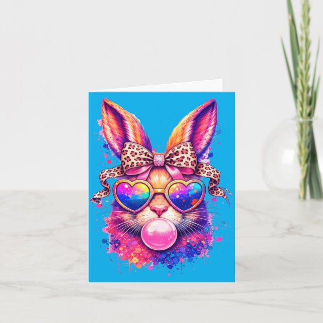 Cute Easter Bunny Heart Sungles Leopard Bow Bubble Card (Front)