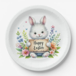 Cute Easter Bunny Holding an Easter Sign Paper Plate