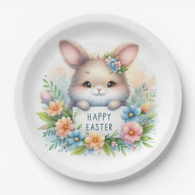 Cute Easter Bunny Holding an Easter Sign  Paper Plate (Front)