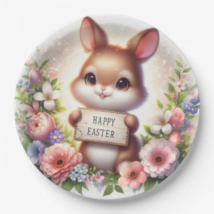 Cute Easter Bunny Holding an Easter Sign Paper Plate