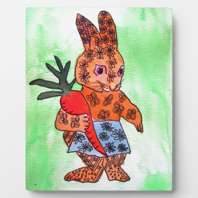 Cute Easter bunny illustration with orange carrot Plaque (Front)