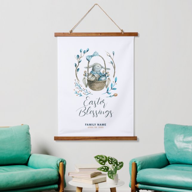 Cute Easter Bunny in a Basket, Custom Text Hanging Tapestry (Living Room)