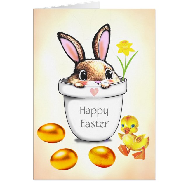Cute Easter Bunny in a Plant Pot & Golden Eggs (Front)