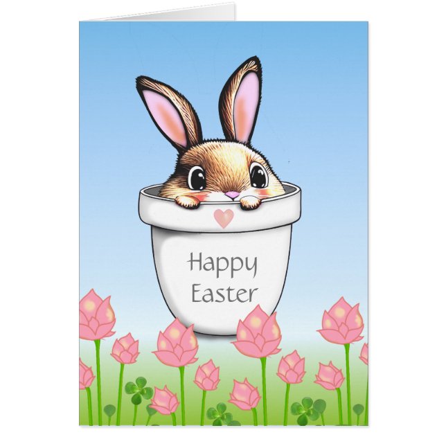Cute Easter Bunny in a Plant Pot & Pink Flowers (Front)