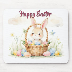 Cute Easter Bunny in Basket with Colorful Eggs Mouse Pad