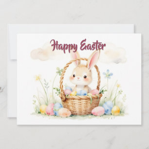 Cute Easter Bunny in Basket with Colourful Eggs
