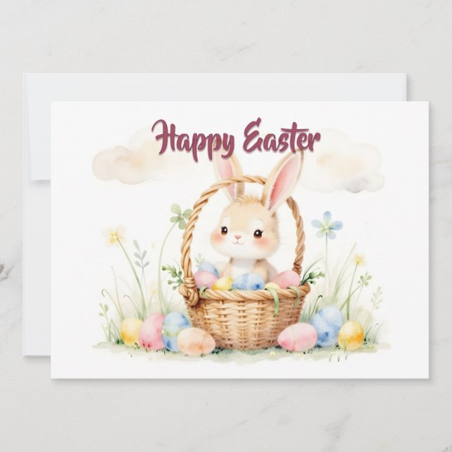Cute Easter Bunny in Basket with Colourful Eggs (Front)