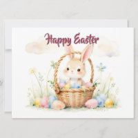 Cute Easter Bunny in Basket with Colourful Eggs