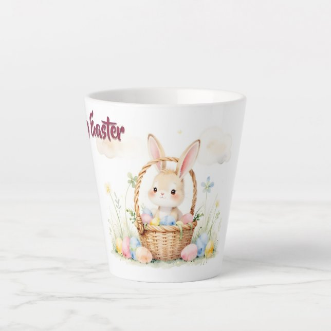 Cute Easter Bunny in Basket with Colourful Eggs Latte Mug (Front)