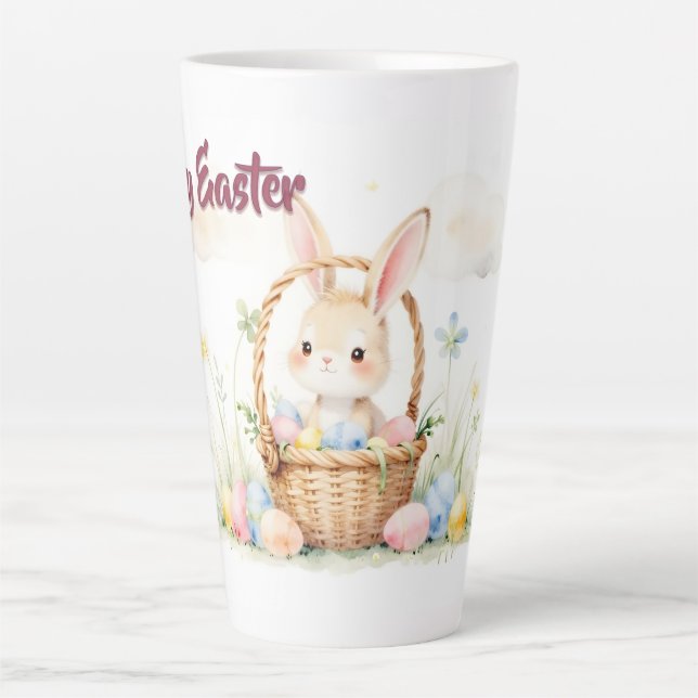 Cute Easter Bunny in Basket with Colourful Eggs Latte Mug (Front)