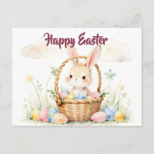 Cute Easter Bunny in Basket with Colourful Eggs Postcard