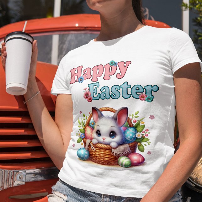 Cute Easter Bunny in Basket with Eggs and Flowers T-Shirt (Cute Easter Bunny in Basket with Eggs and Flowers. Women Basic White T-Shirt)