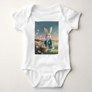 Cute Easter bunny in little blue jacket Baby Bodysuit