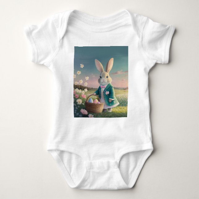 Cute Easter bunny in little blue jacket Baby Bodysuit (Front)