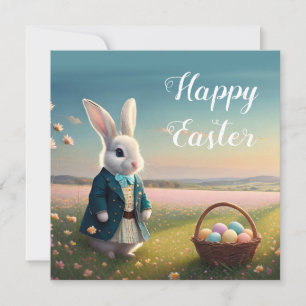 Cute Easter bunny in little blue jacket Card