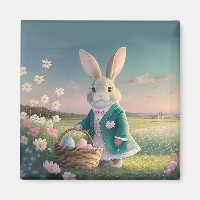 Cute Easter bunny in little blue jacket Magnet (Front)