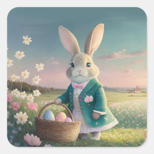 Cute Easter bunny in little blue jacket Square Sticker