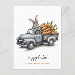 Cute Easter bunny in rustic vintage truck Holiday Postcard