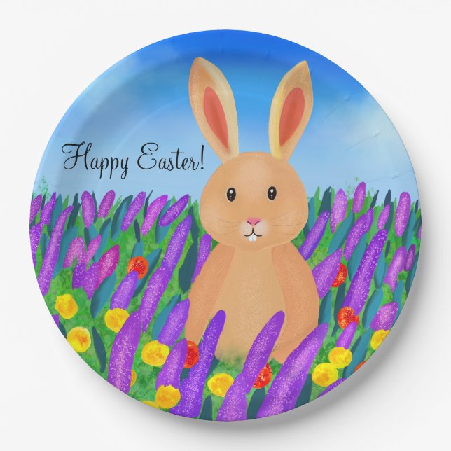 Cute Easter bunny in the flowers Paper Plate (Front)