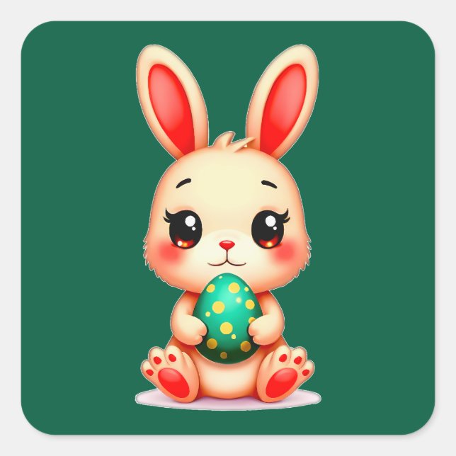 Cute Easter Bunny – Kawaii Rabbit with Autocolante Square Sticker (Front)