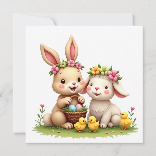 Cute Easter Bunny, Lamb & Chicks Easter Egg Hunt Invitation (Front)